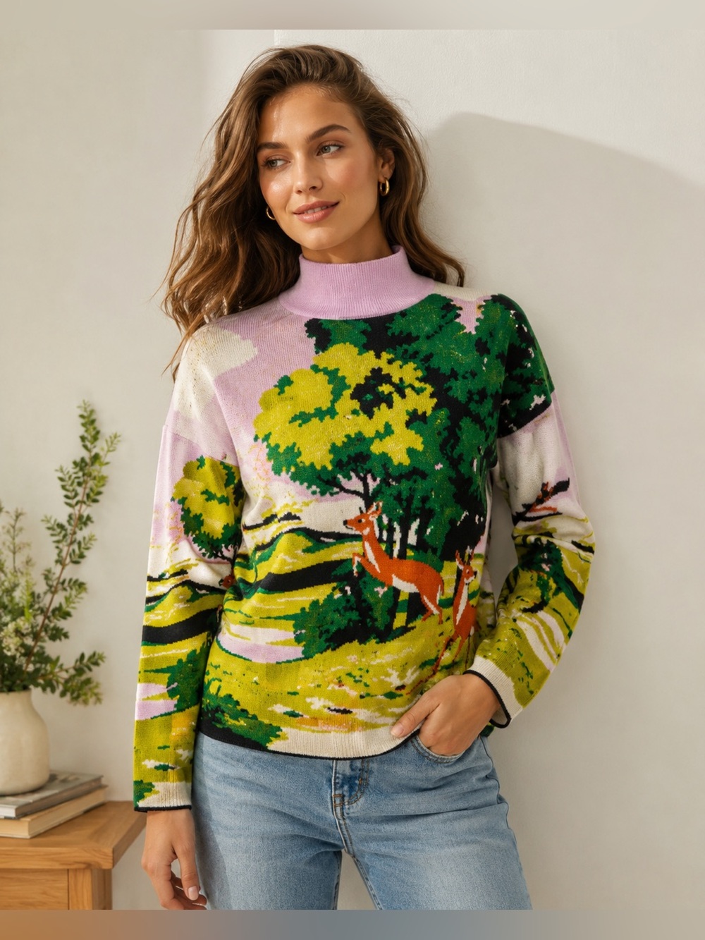 Maeve Anthropologie Carys Deer in Forest Mock Neck Sweater Medium
